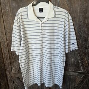 Nike Shirt Men's Large White & Navy Stripes Performance‎ Golf Polo Dri-Fit